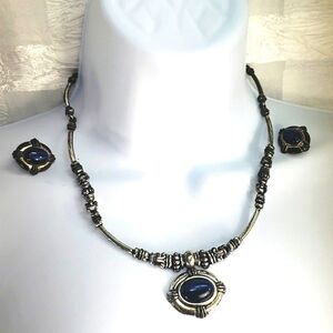 Avon Silvertoned Dark Blue Reflective Cabochon Set of Necklace Pierced Earrings